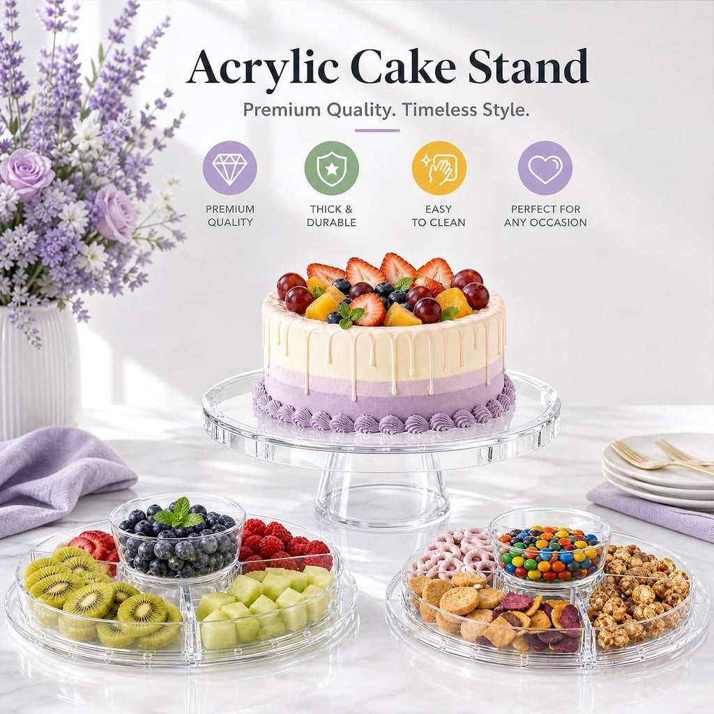 12 Inch Clear Acrylic Cake Stand With Lid, Versatile Reversible Design