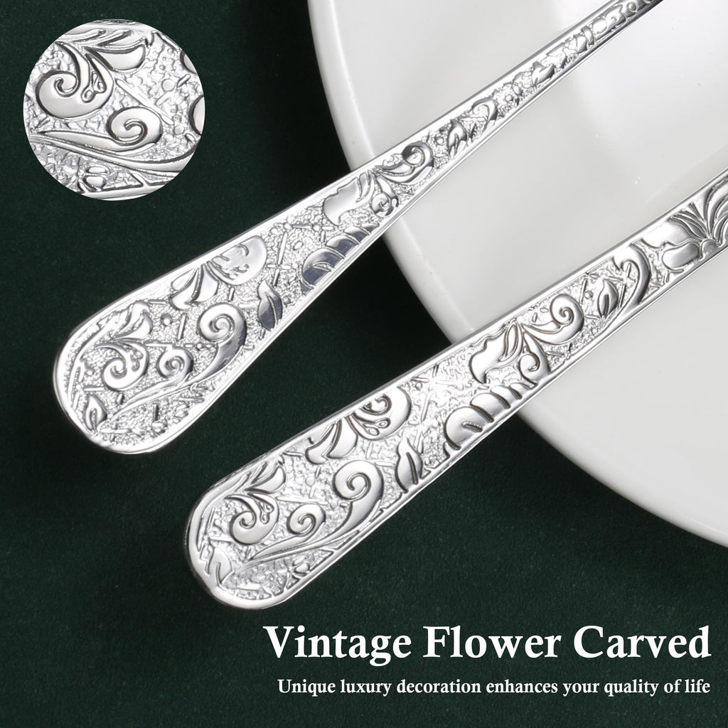 Vintage Carved Silverware Set for 8, Stainless Steel Flatware Set with Knife/Fork/Spoon, Cutlery Set