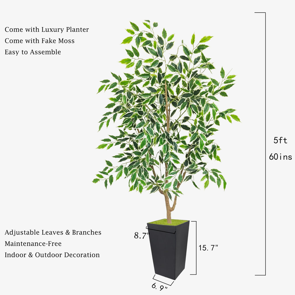 Artificial Ficus Plant 5ft, Fake Tree with Black Tall Planter, Faux Ficus Leaves Trees in Pot, Artificial Floor