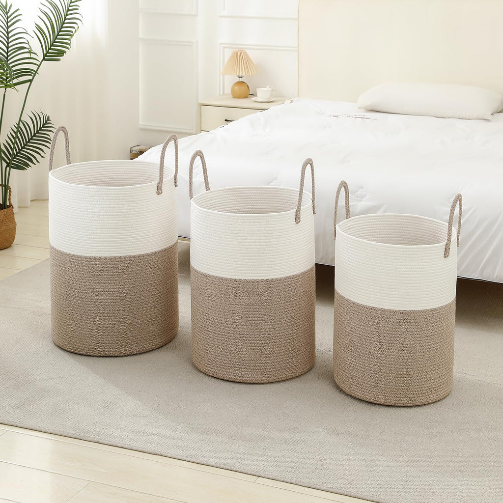 Basket Hamper Tall Rope Storage Woven for Blanket toys Dirty Clothes Bathroom Bedroom (White&Brown, 100L/26.4Gal)