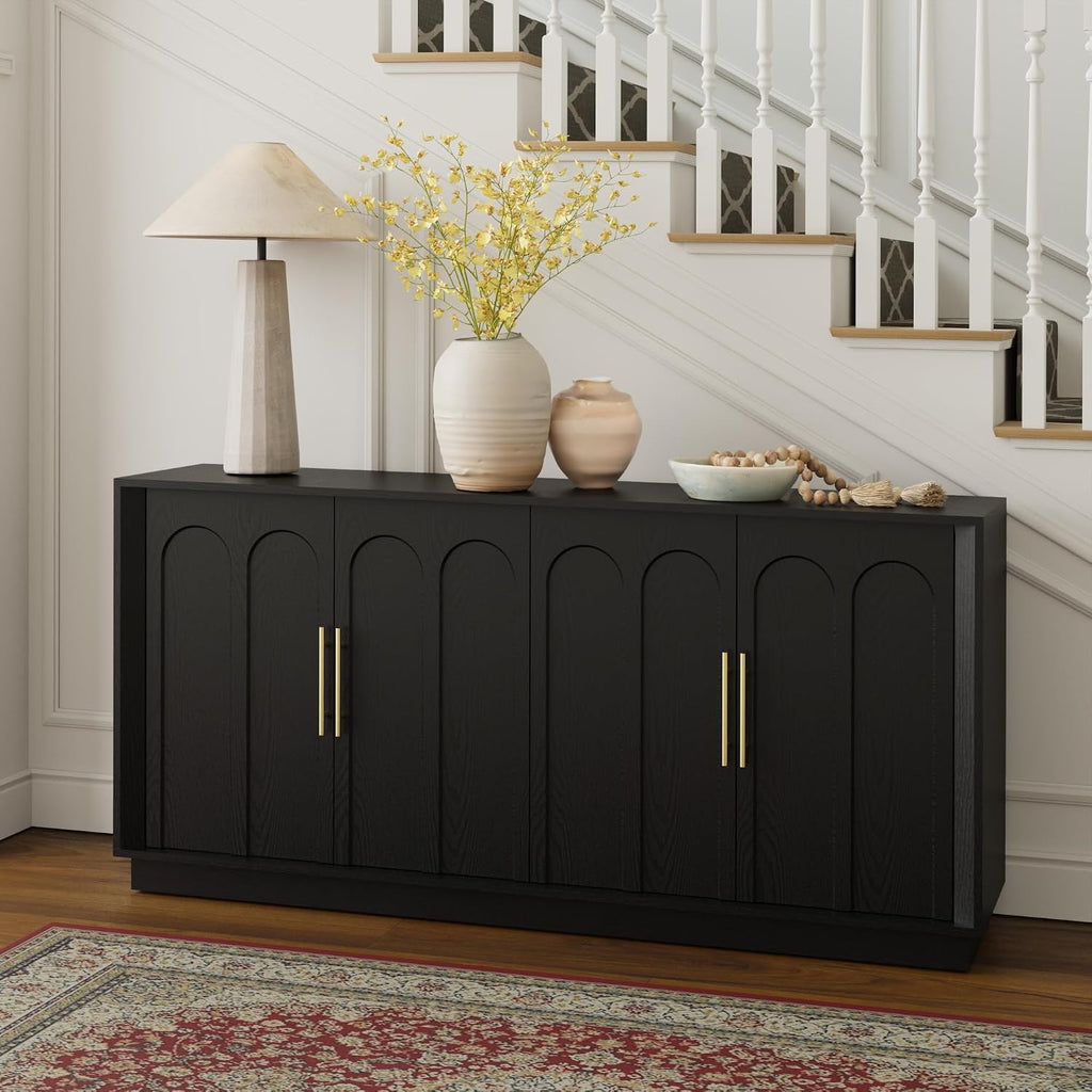 67" Sideboard Buffet Cabinet with Storage, Arched Doors, Black | Modern Minimalist Accent Cabinet with Wood Gain