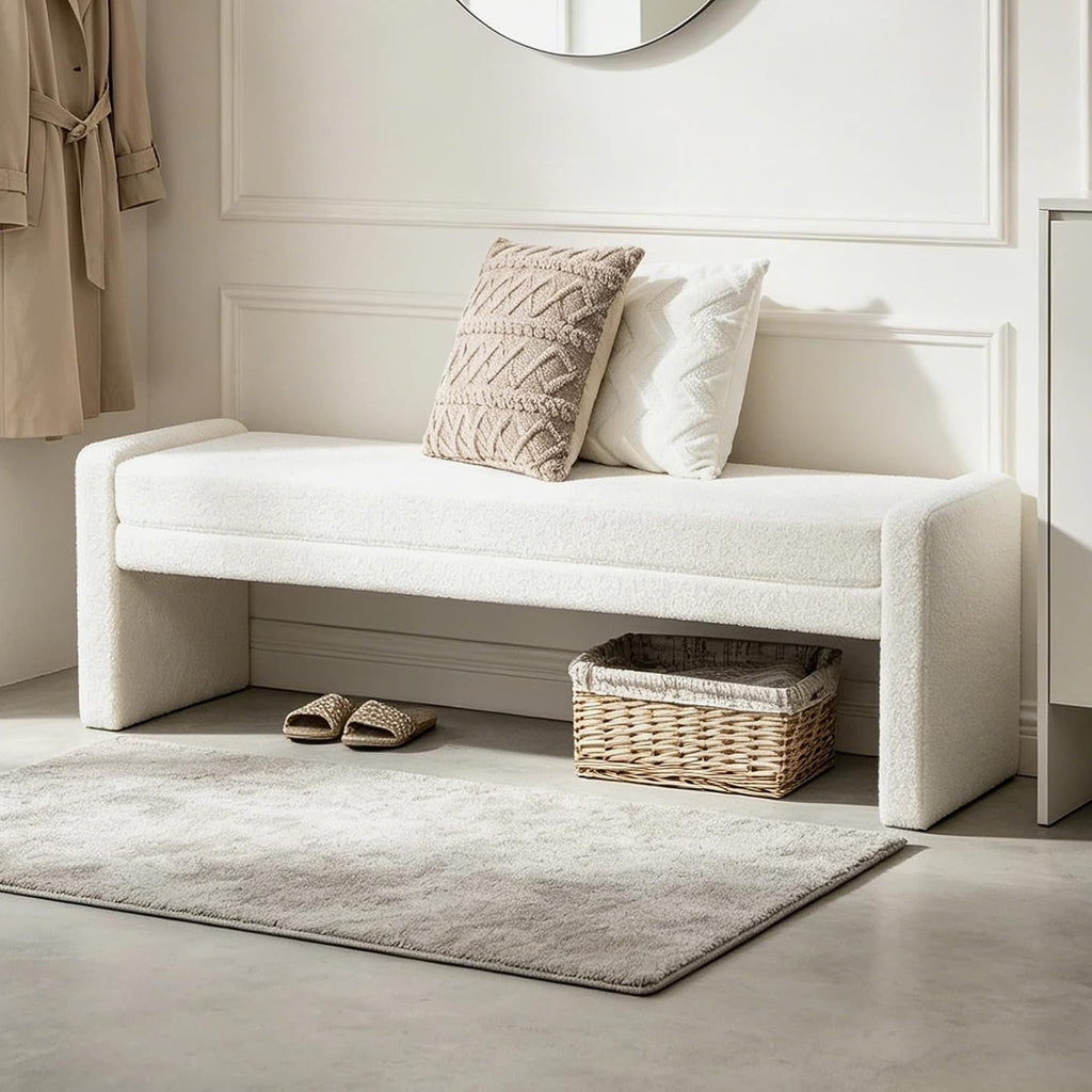 66.9" White Upholstered End of Bed Bench Fit Full/Queen/King Size Bed,Modern Under Window Bench,Rectangle Ottoman