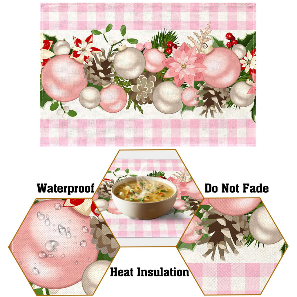 Pink and White Gingham Christmas Placemats Set of 4 Buffalo Check Plaid Xmas Decoration Kitchen Dining Table