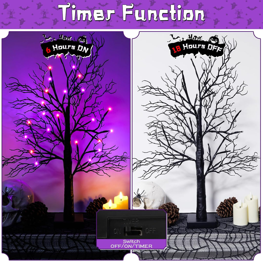 Halloween Decorations Indoor - 2Pack 24 Inch Spooky Black Tree with Lights, Lighted Tabletop Tree with Timer - Set of 2