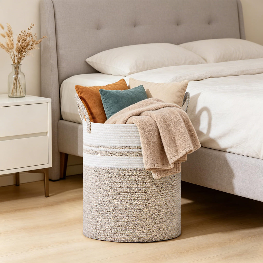 53L Tall Cotton Rope Laundry Basket with Handles, White & Brown