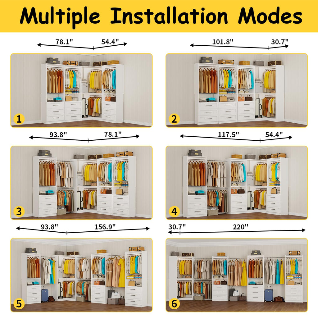 Closet System with 9 Drawers, Corner Closet Organizer System with 9 Hanging Rods Walk in Wooden Modular Closet