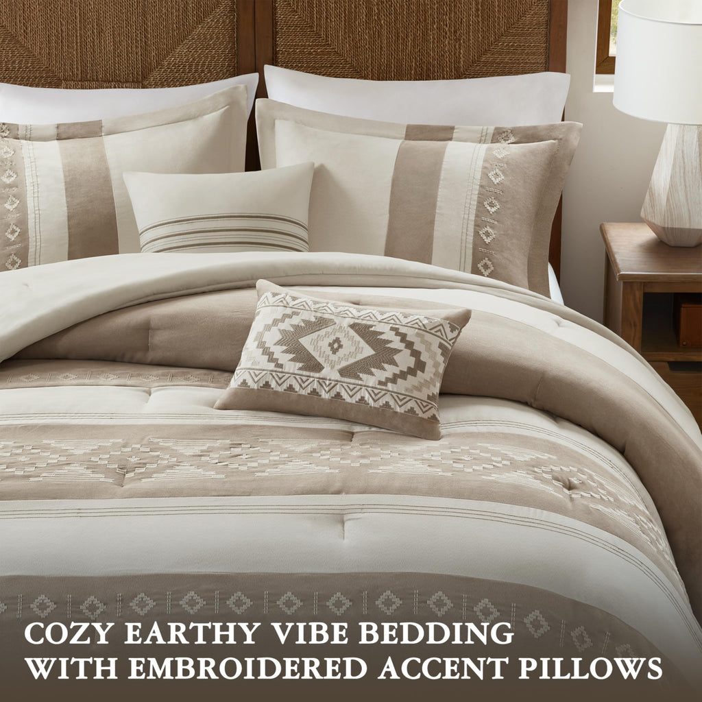 Queen Comforter Set - Sutherland 5-Piece Microsuede Embroidered Bedding Set with Decorative Pillows, Taupe