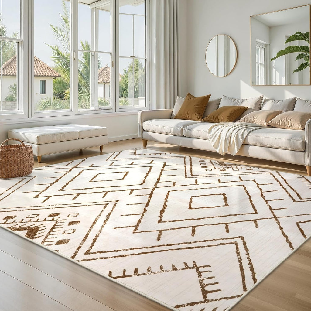 Moroccan 8x10 Area Rug, Beige Washable Rugs Bedroom, Non Slip Western Tribal Rug Low Pile Geometric Large Area Rugs