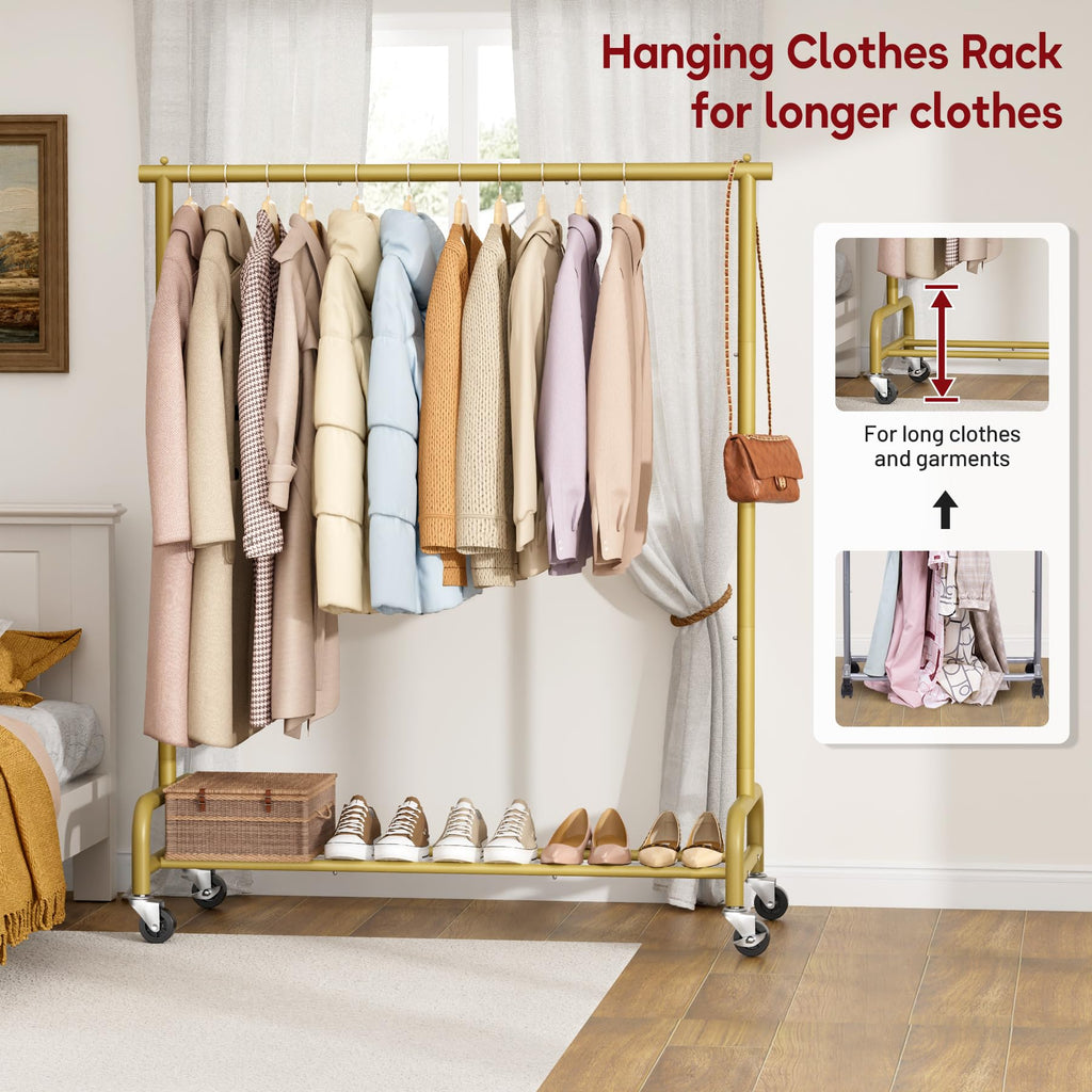Heavy Duty Clothes Racks for Hanging Clothing Rack, 43" Wide Rolling Garment Rack Metal Wardrobe Rack with Wheels