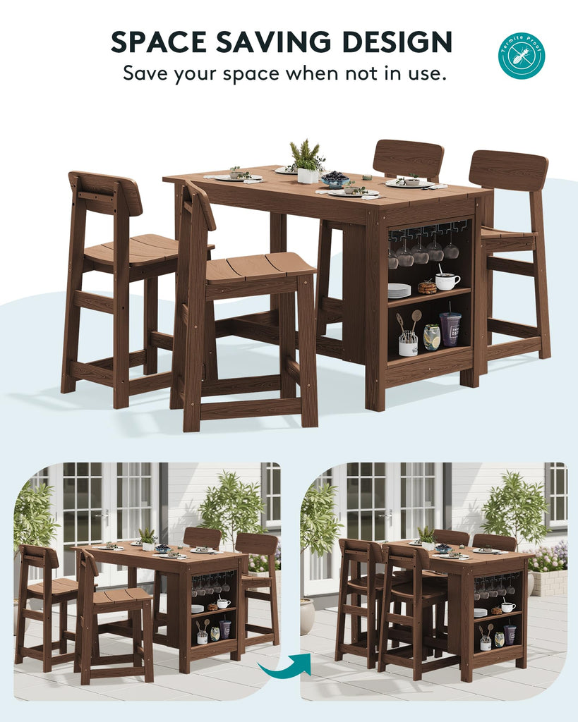 Outdoor HDPE Counter-Height Bar Table with Storage Rack, Brown