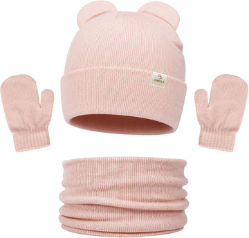 Baby Toddler Winter Beanie Hat Mittens and Neck Warmer with Bear Ear Set