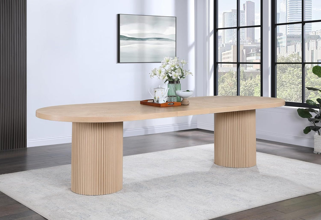 725Oak-T Belinda Collection Mid-Century Modern Solid Wood White Oak Veneer Dining Table, Oval Design, Fluted Bases, 2