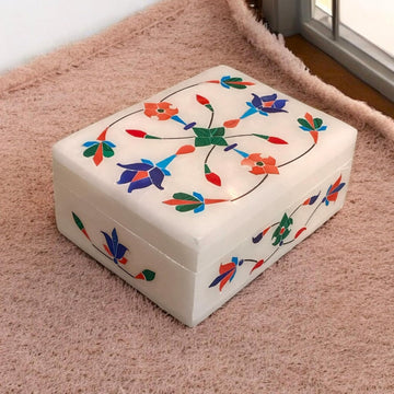 Marble Jewelry Box Organizer - Decorative Trinket Box - Hand carved Floral Design - Keepsake Box | Anniversary