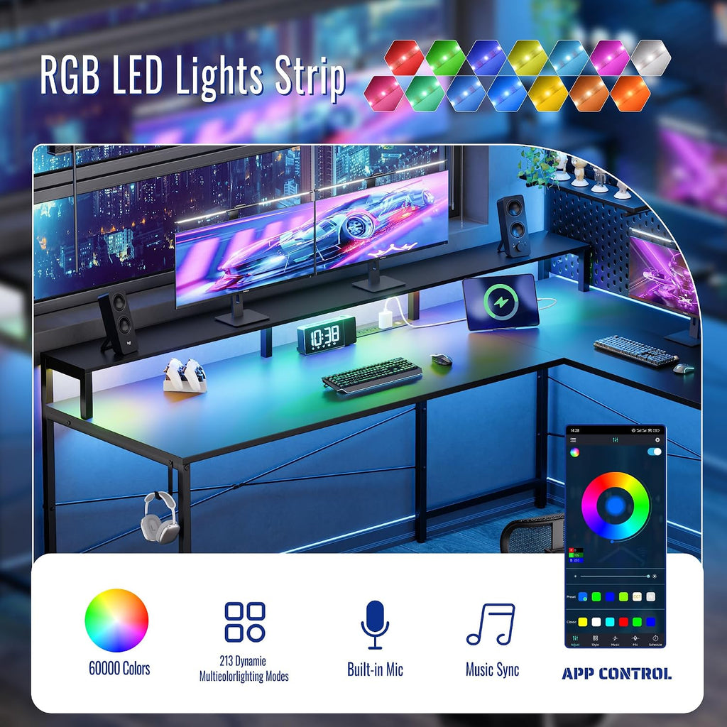 64 Inch L Shaped Gaming Desk with Monitor Stand and Power Outlets | Large Corner Computer Desk With Pegboard & Led