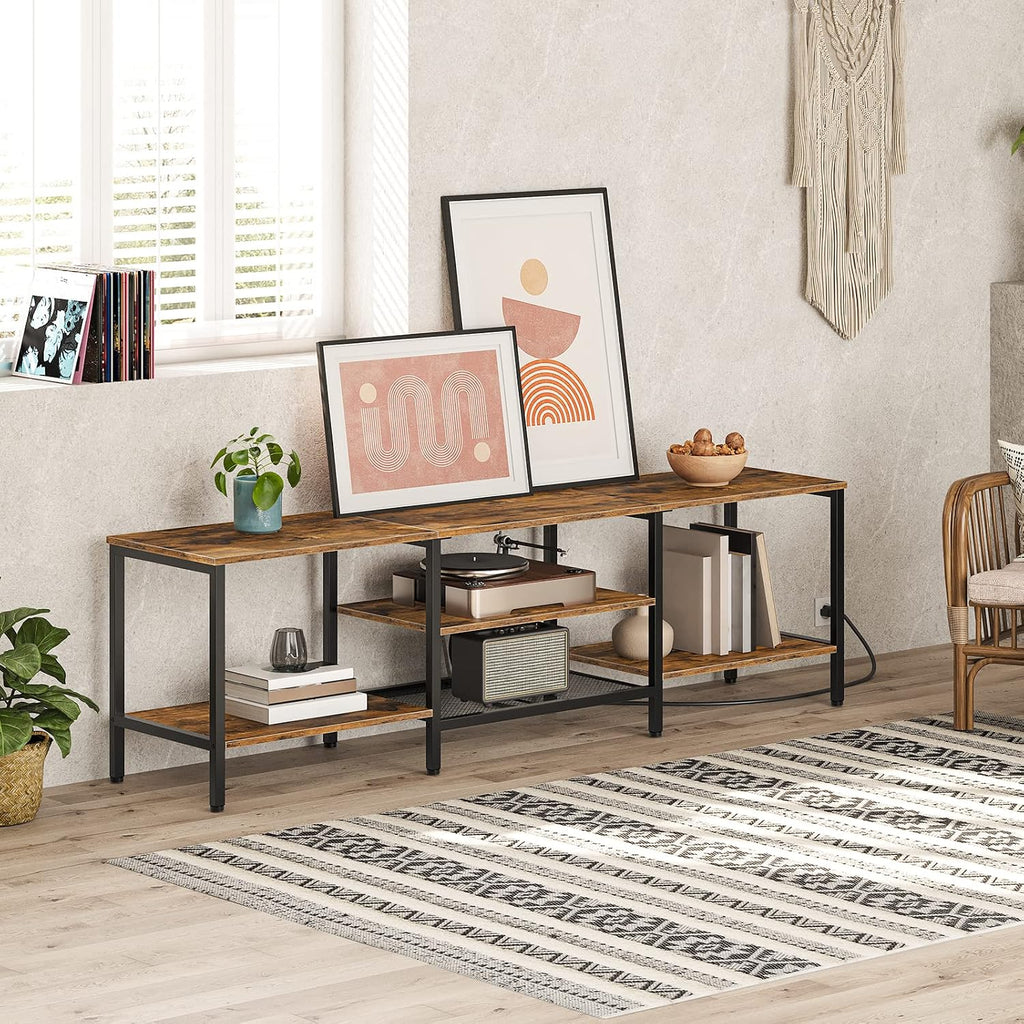 TV Stand with Power Outlets to 75 Inches, TV Console Table with Open Storage Shelves Cabinet, Industrial Media