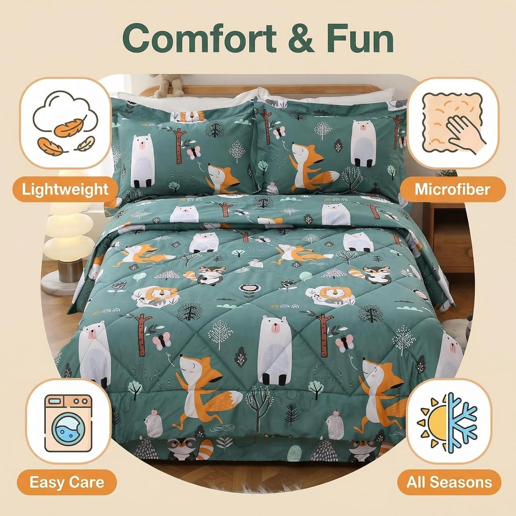 Green Forest Animals Kids Comforter Set Twin, 2 Piece Woodland Printed Microfiber Bedding Set, Machine Washable