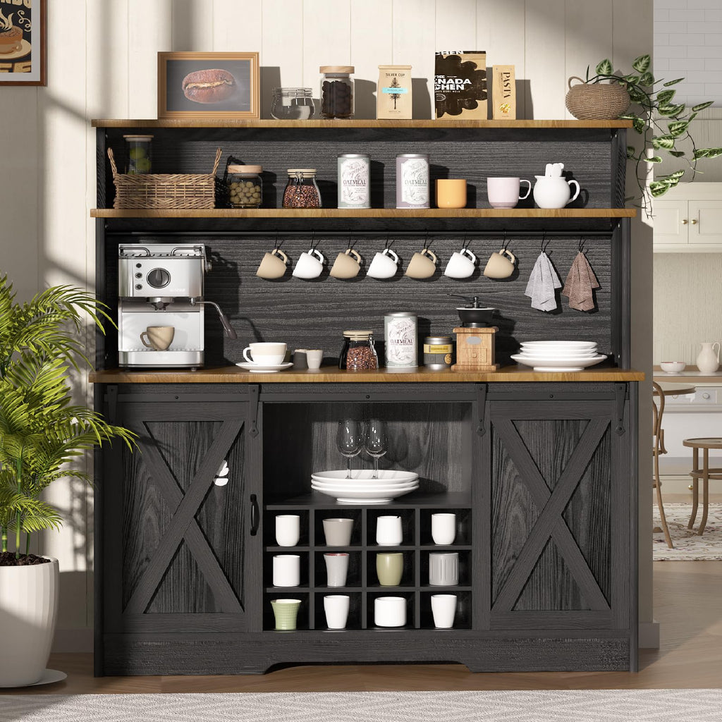 55'' Farmhouse Coffee Bar Cabinet with 3 Tier Storage Hutch, Coffee Bar Station with Sliding Barn Door, Hutch Storage