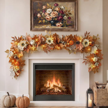 6Ft Lighted Fall Garland with Lights Sunflower Pumpkins for Mantle - Set of 6