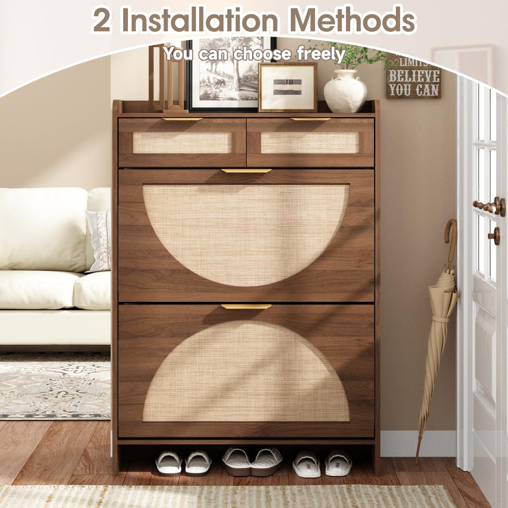 Rattan Shoe Storage Cabinet with 2 Flip Drawers & 2 Drawers, Freestanding Organizer for Front Door Entrance, Hidden