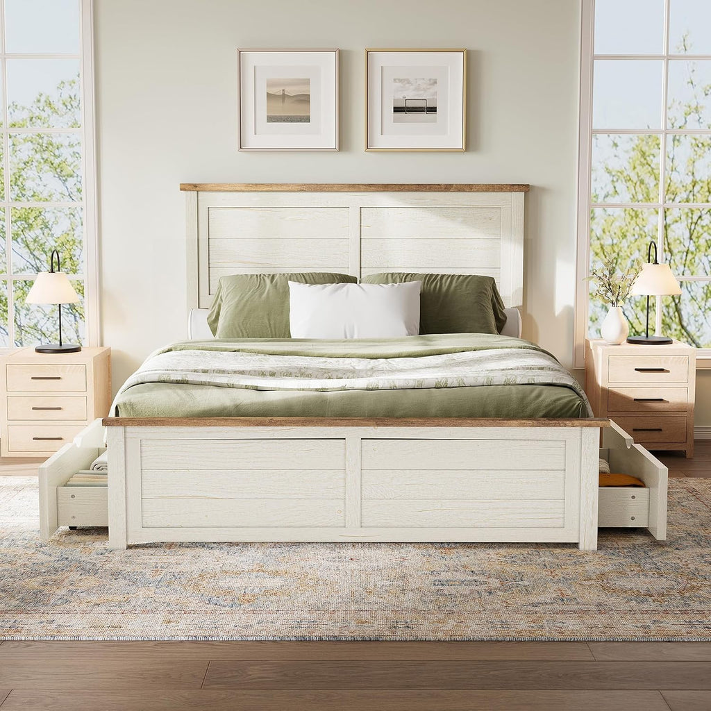 Queen Farmhouse Bed Frame with Headboard, Platform Bed with 4 Storage Drawers, Wood Bed Frame for Bedroom, Wood Slats