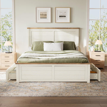Queen Farmhouse Bed Frame with Headboard, Platform Bed with 4 Storage Drawers, Wood Bed Frame for Bedroom, Wood Slats