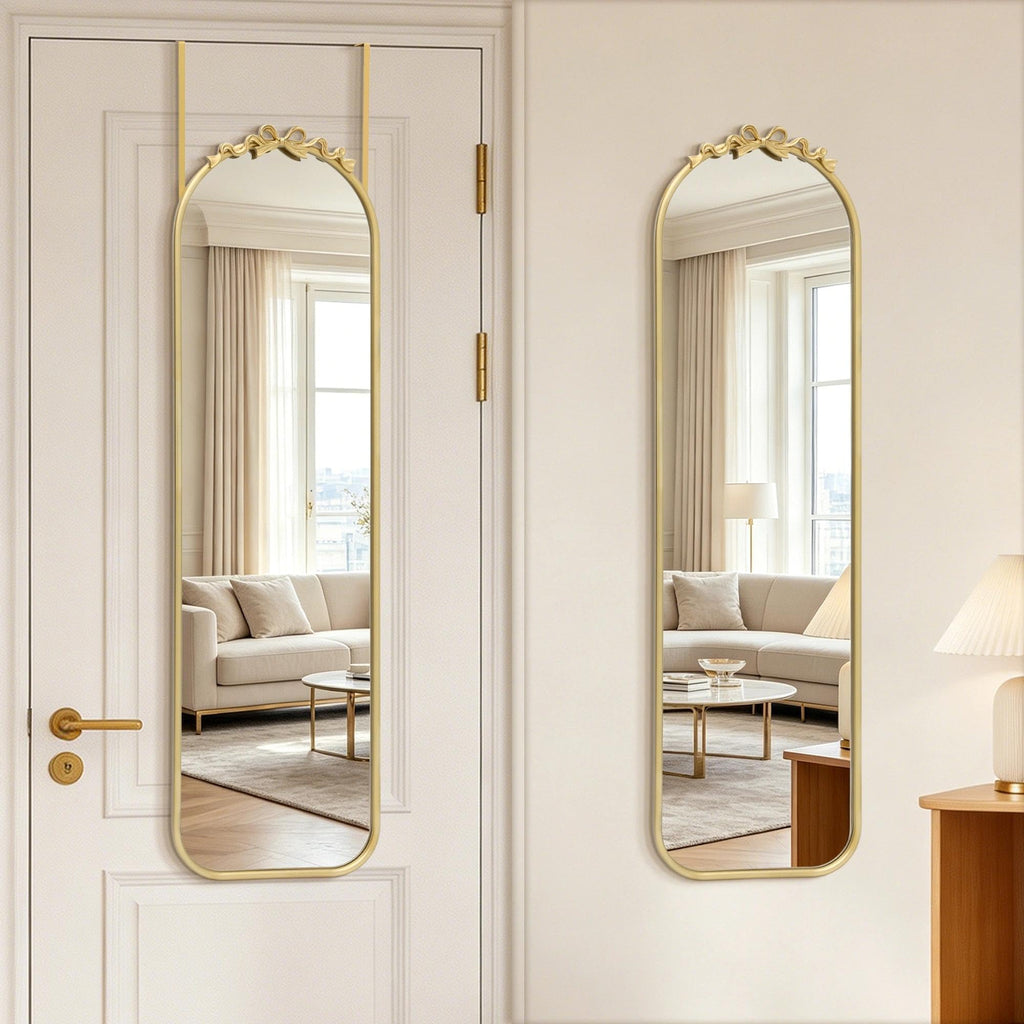 Door Mirror Full Length: 14"x50" Gold Bow Over The Door Hanging