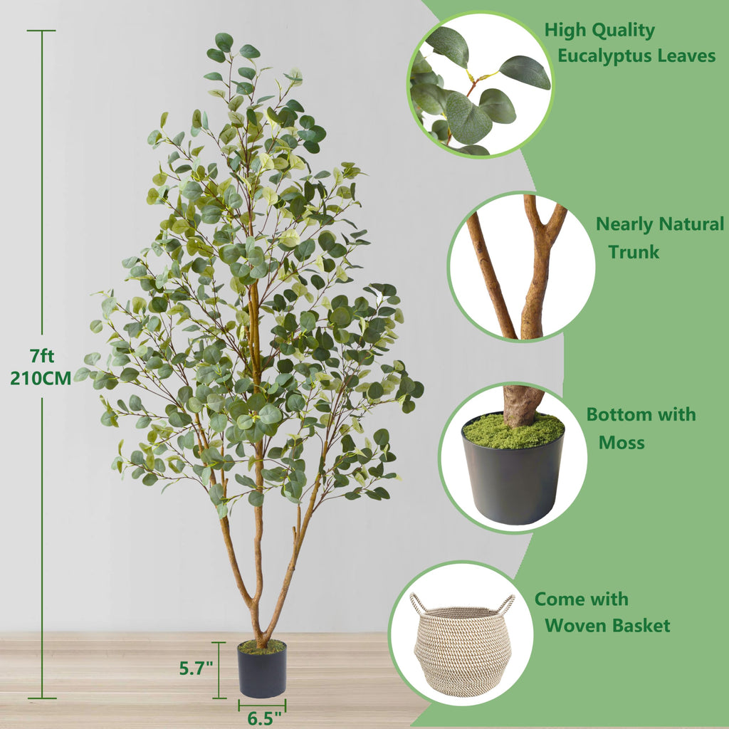 Artificial Eucalyptus Tree 7ft Faux Plant with Woven Basket