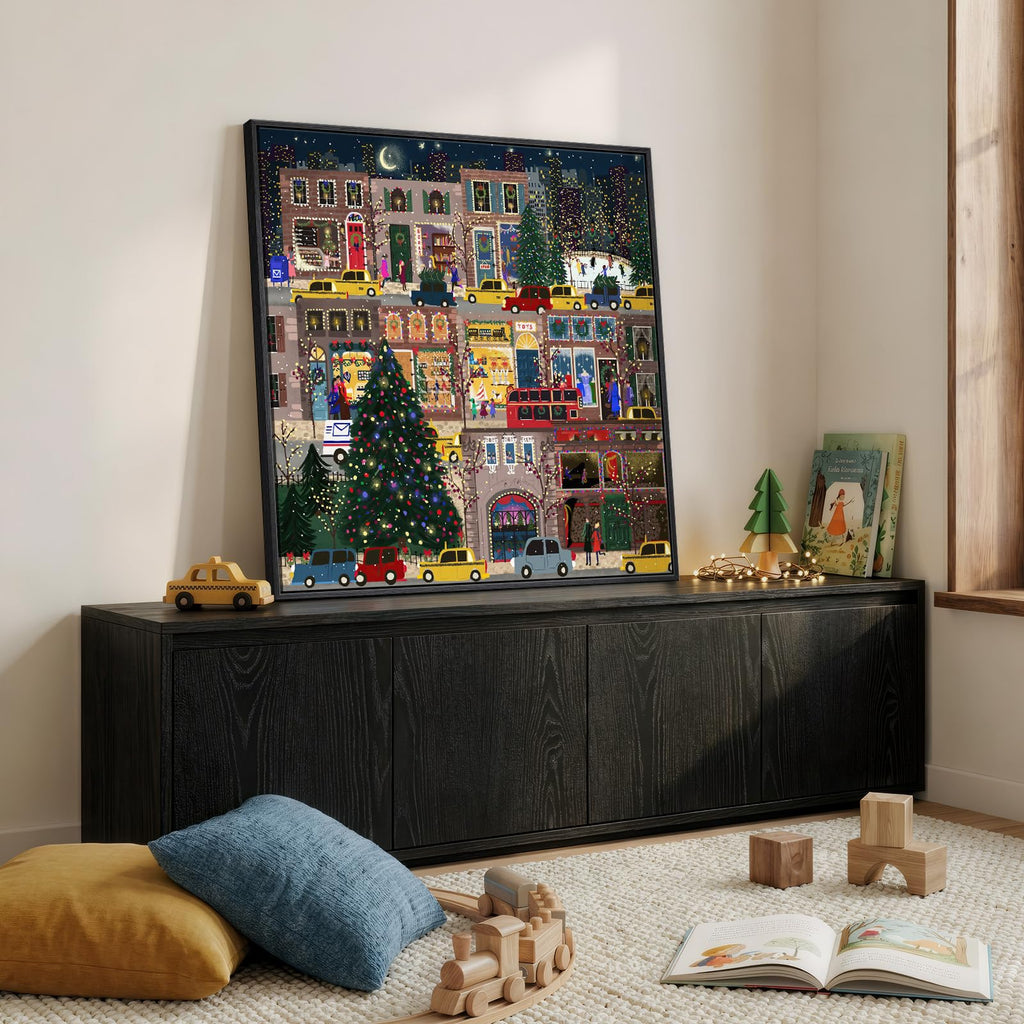 Framed Modern Urban Landscape Wall Art, Square Multi Color Canvas Prints Paintings, Contemporary Cityscape and Trees