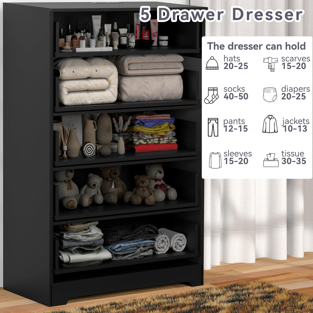 Dresser with Power Outlets Wood 5 Drawer Dresser with Large Storage Space Black Chest of Drawers with Smooth Metal