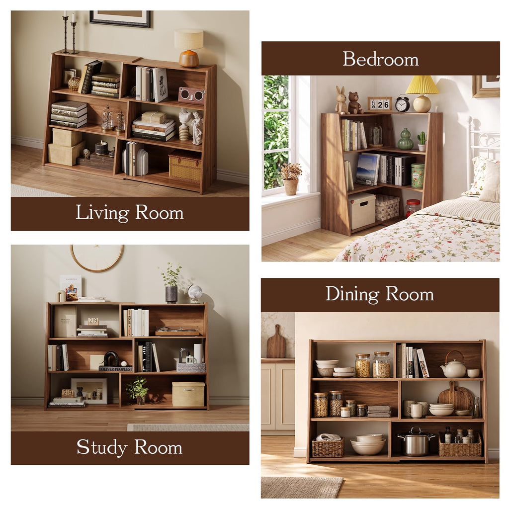 Extendable Bookshelf, Adjustable Low Bookcase, Walnut