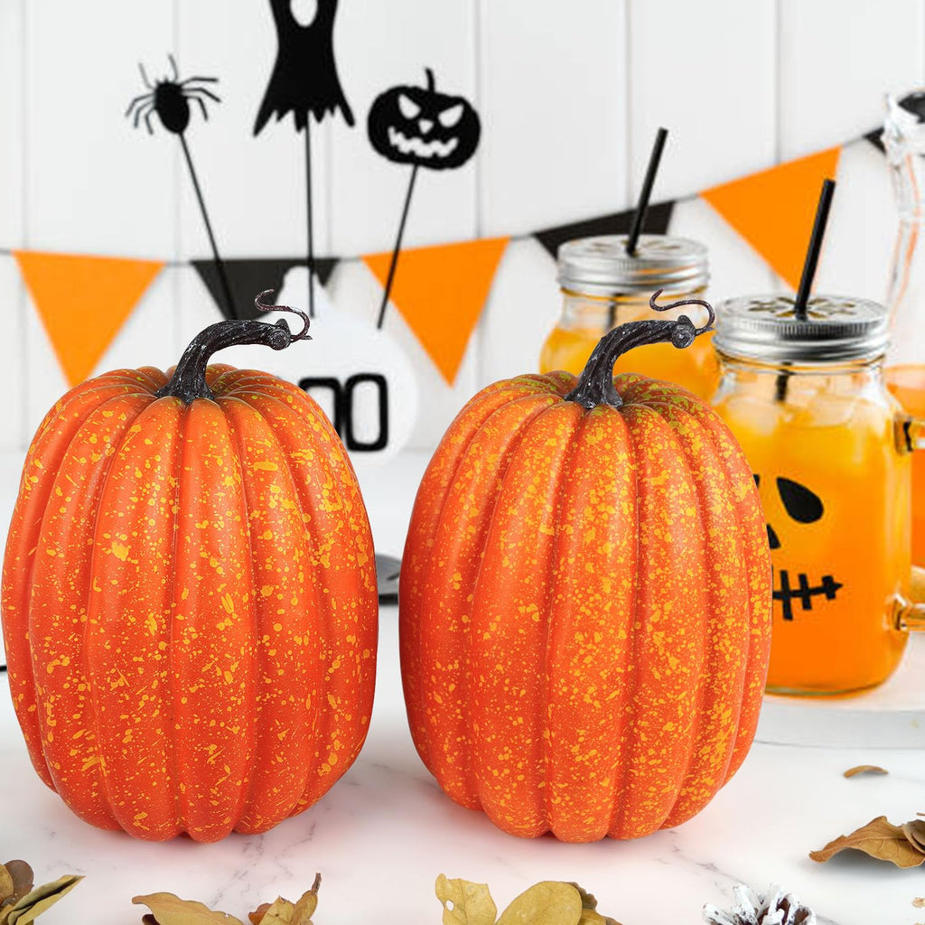 8 Inch Large Artificial Pumpkins, 2PCS Big Orange Drawing Line Faux Foam Harvest Pumpkins for Fall Thanksgiving