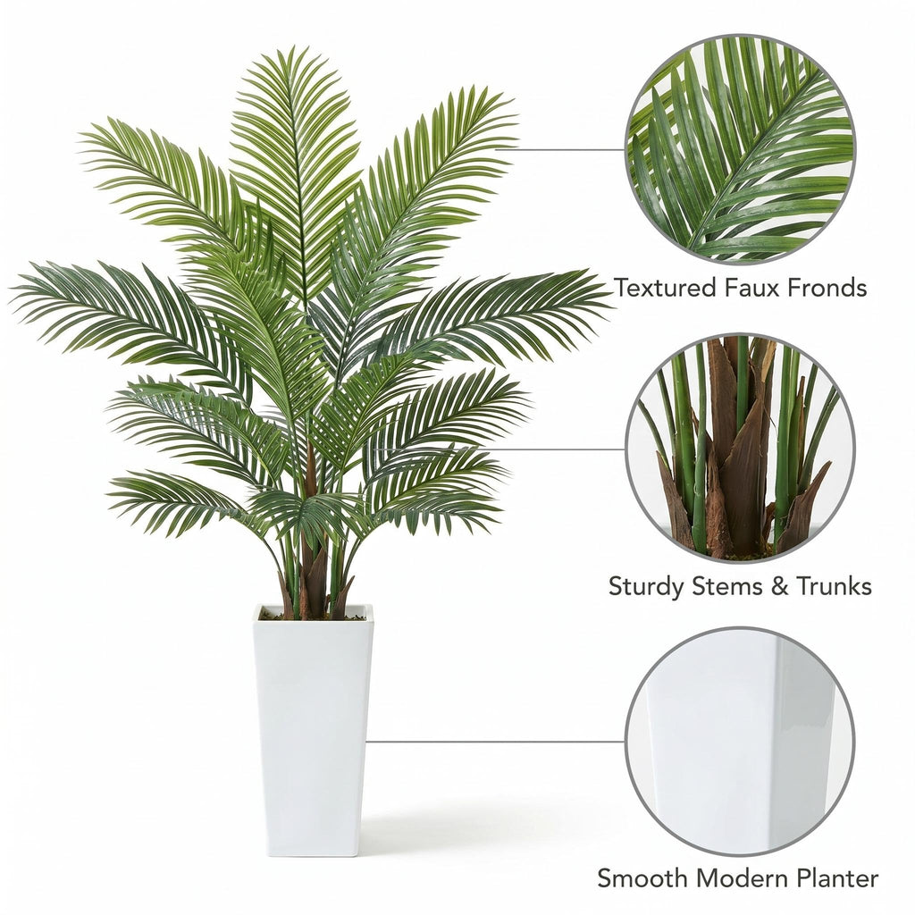 5FT Palm Tree Artificial with 19 Leaves, Lifelike Artificial Plants Indoor with White Tall Planter Outdoor