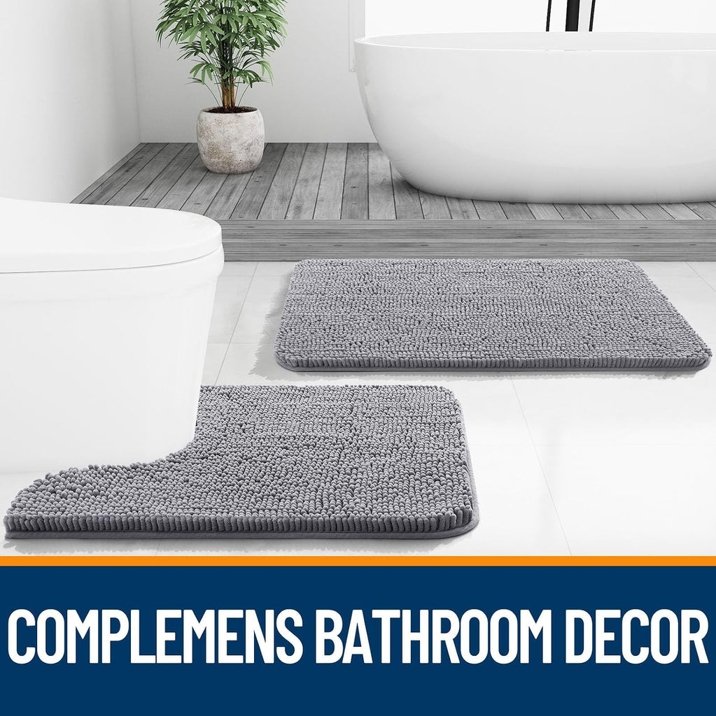 Chenille Bathroom Rugs Sets 3 Piece, 30"x20"+24"x16"+24"x20", Grey | Soft Absorbent Bath Mat and U-Shaped Contour