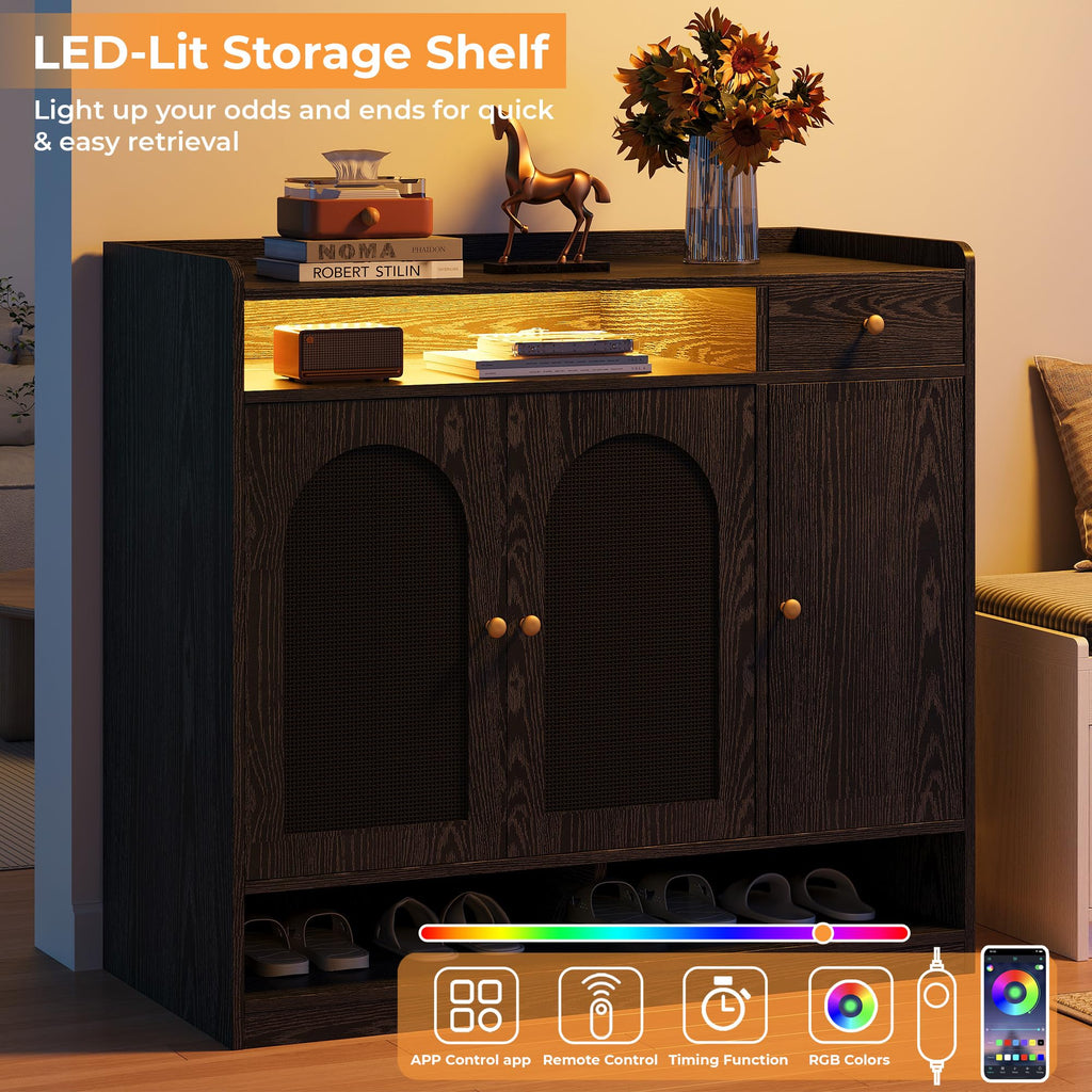 Rattan Shoe Cabinet with 6-Tier Storage, 3 Doors & LED Light
