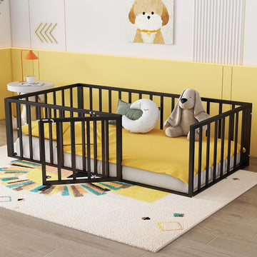 Floor Bed with Fence and Door, Heavy Duty Metal Montessori Floor Bed with Rails, Low-Profile Montessori Beds
