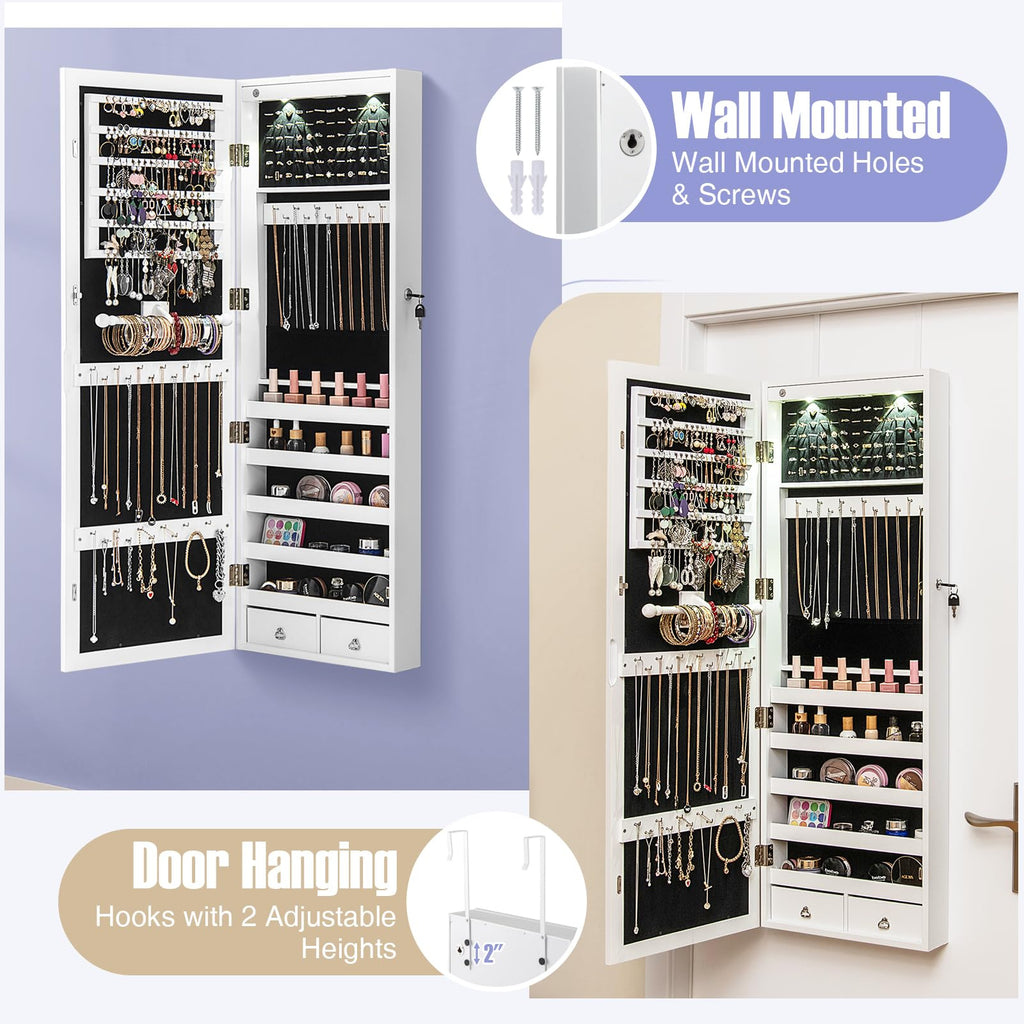 Mirror Jewelry Cabinet, Wall Door Mounted Jewelry Armoire with Full Length Mirror, Internal LED Lights & Drawers