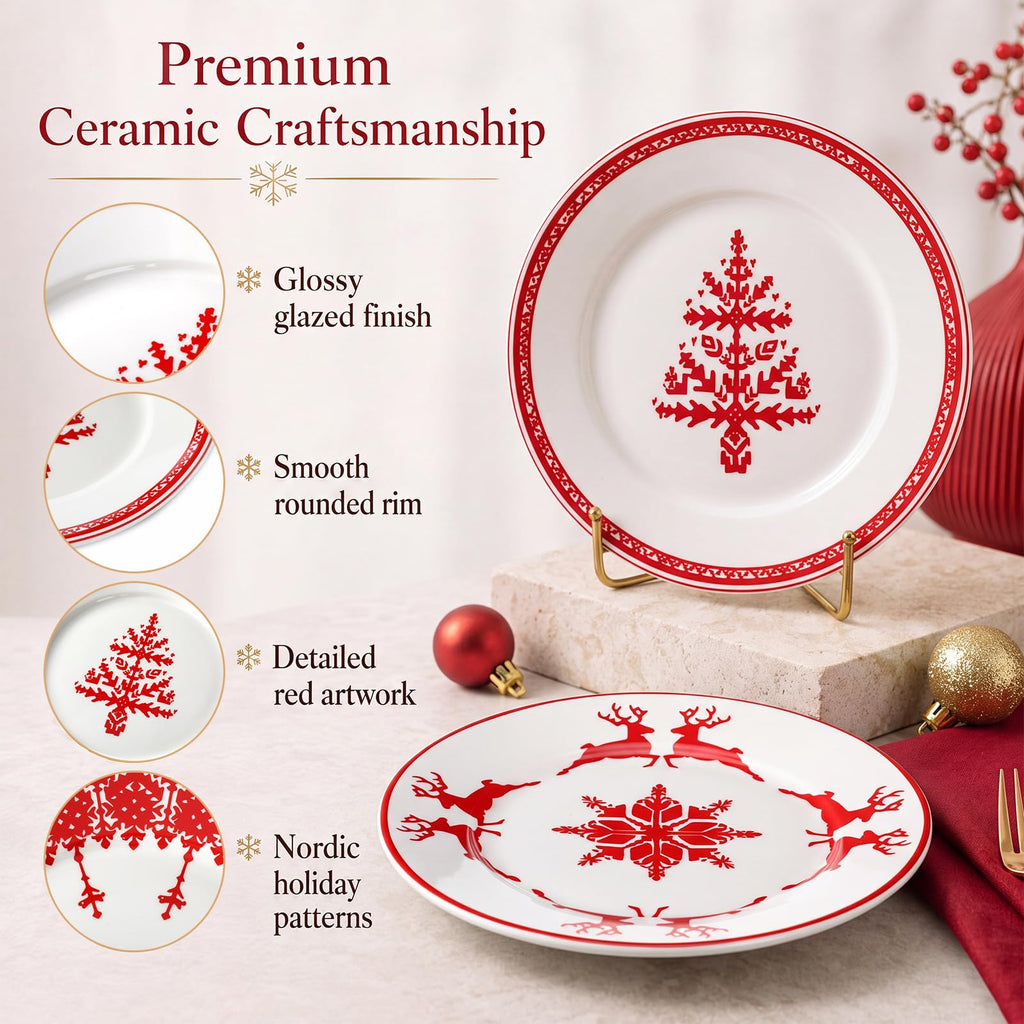 4 Pcs Red Christmas Ceramic Plates 9 Inch Salad Dish Serving Set