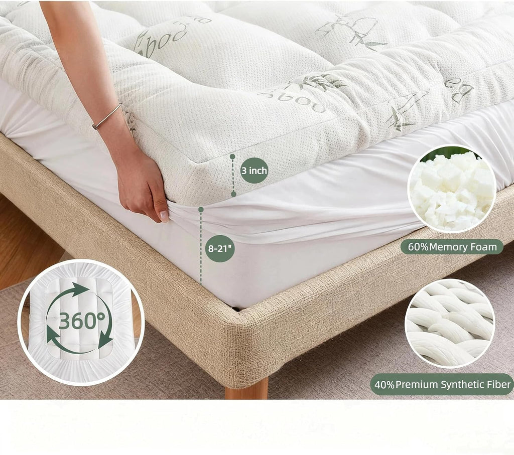 Full Bamboo Mattress Topper, Thick Pillow Top for Hot & Side Sleepers | Cooling bamboo viscose air layer,1700 GSM
