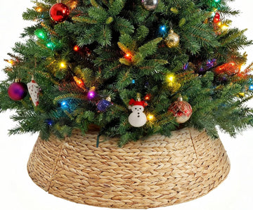 36-inch Christmas Tree Collar for 8-11ft Trees, Woven Hyacinth Rattan 4-Panel Collar w/Cord Access Hole & Easy Lock