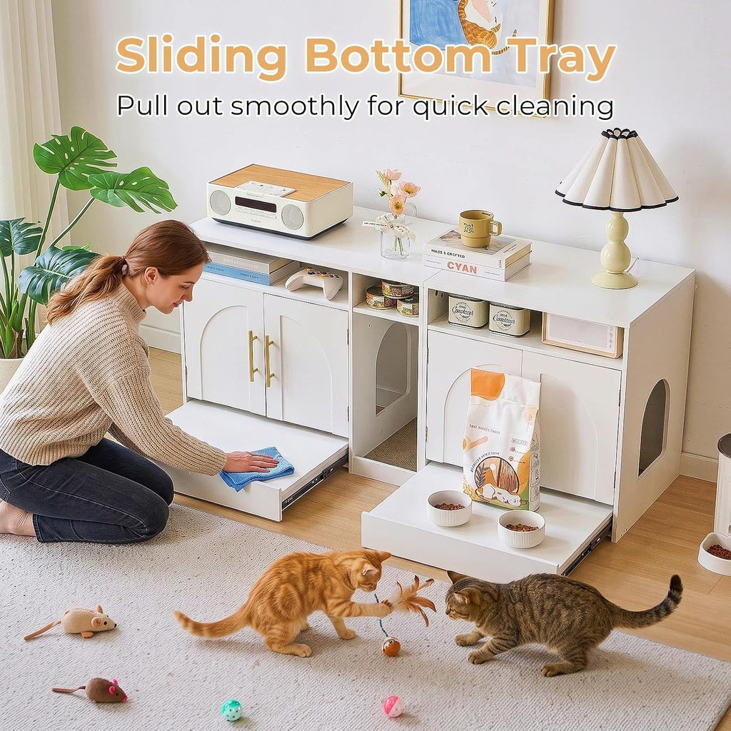 Double Cat Litter Box Enclosure for 2 Cats, 53" Wooden Hidden Cat Litter Box Furniture with Power Outlet, Sliding