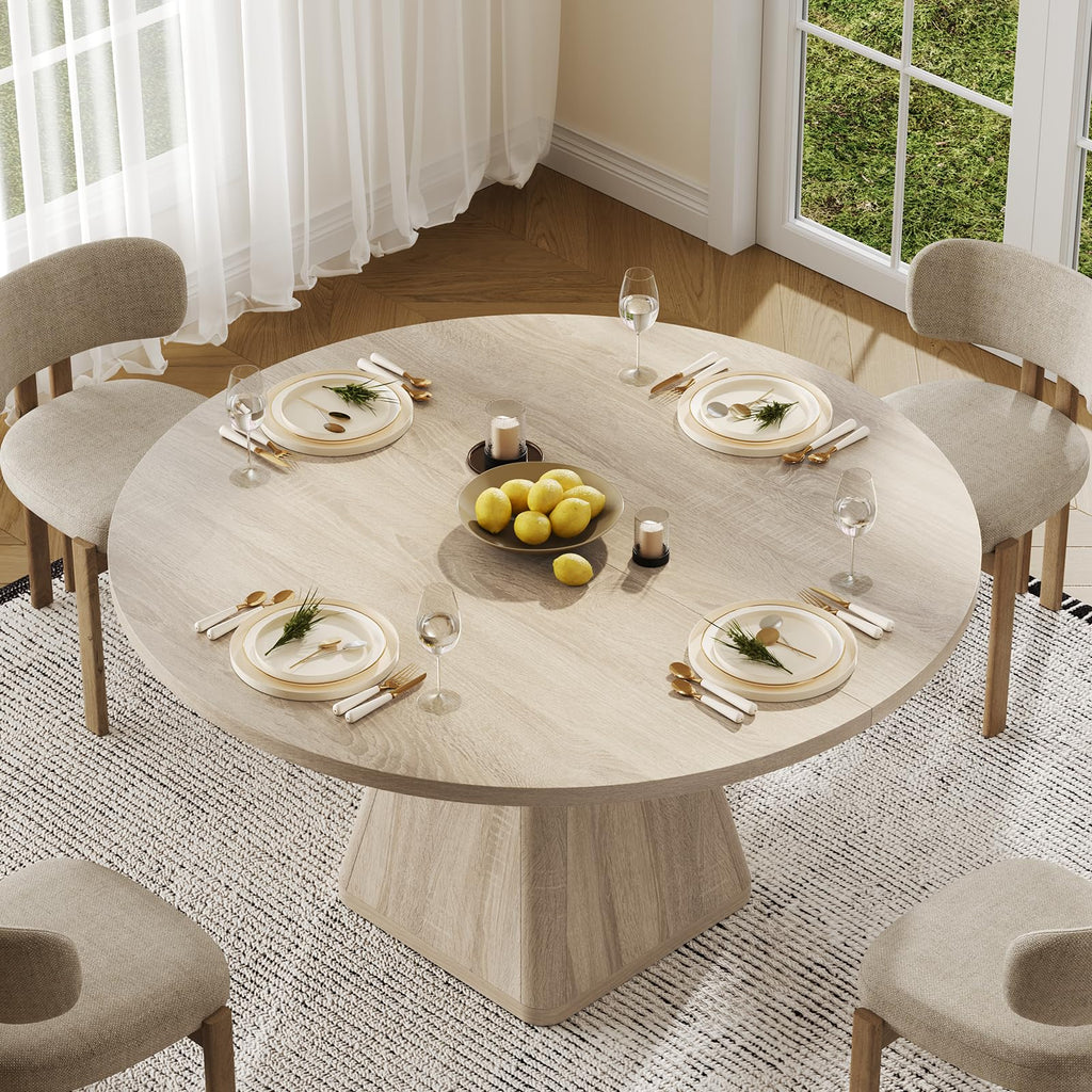 47 Inch Round Dining Table for 4-6, Square Pedestal Base, Oak
