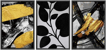 Framed Wall Art Print Set Black & Gold Paint Collage with Jungle Leaves Abstract Shapes Illustrations Modern Art Chic