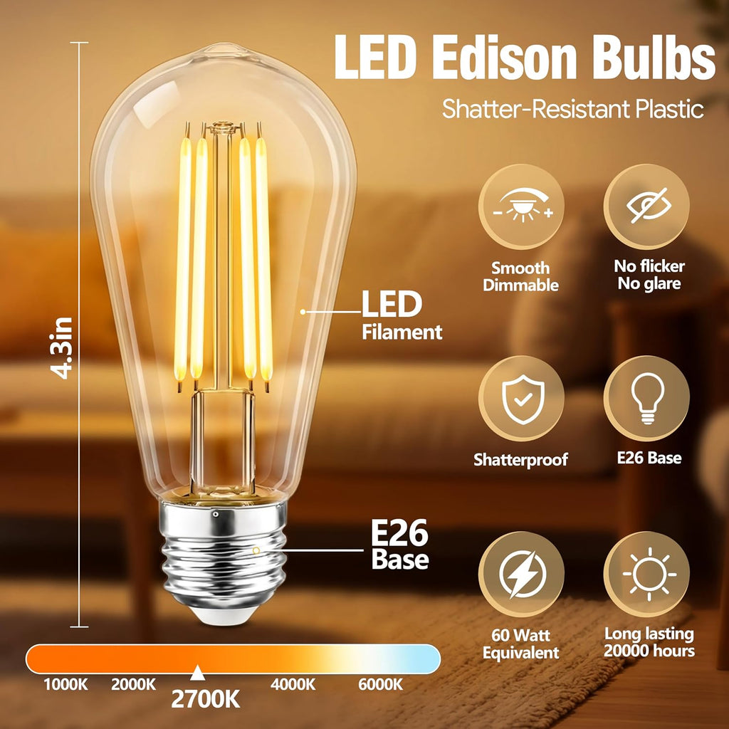 Shatterproof LED Edison Light Bulbs, 60W Equivalent, E26 Dimmable