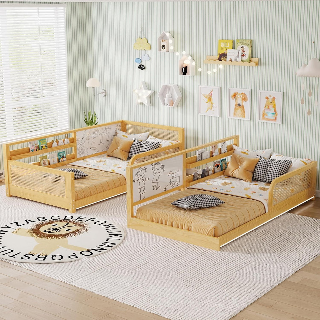 L-Shaped Double Twin Size Pine Wooden Floor Bed Frame with Bookshelves & Whiteboards, for 2, Detachable 2 in 1 Low