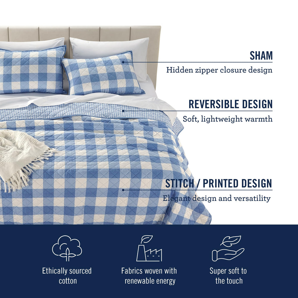 100% Cotton Percale Pre-Washed Quilt Set, Ultra-Soft & Reversible Bedding, Cotton Comforter
