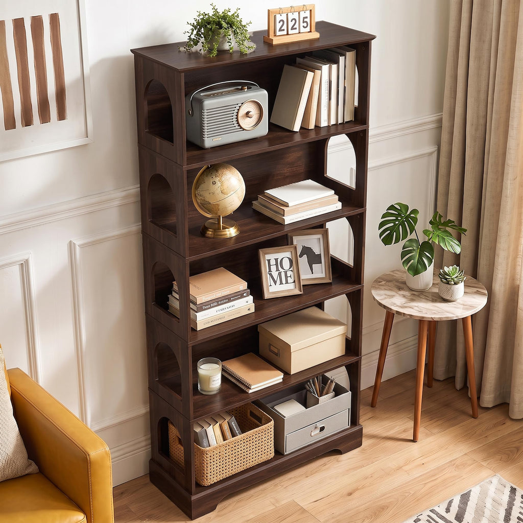 5-Tier Bookshelf, 64inch Tall Wood Bookcase, Dark Walnut