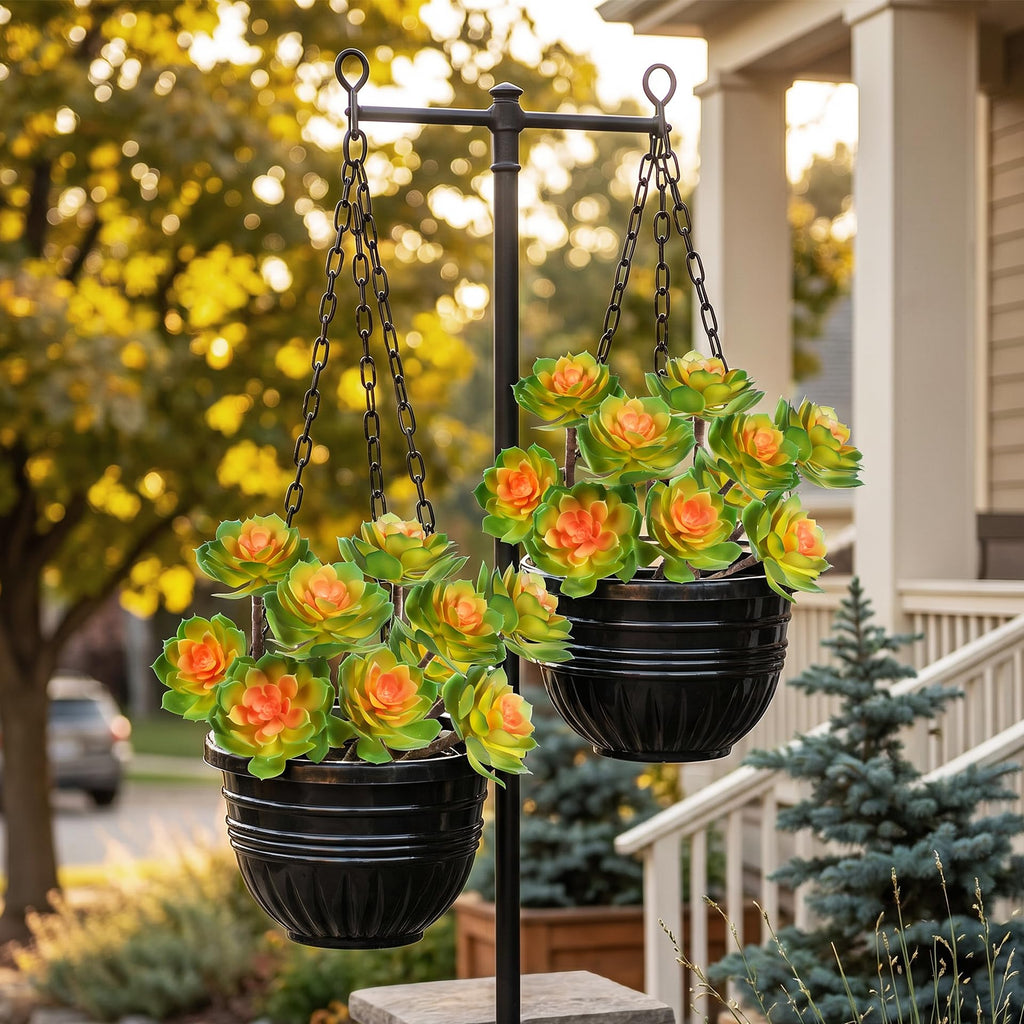 2 Pcs Large Artificial Succulent Plants, 14.2-Inch Green Orange Rounded Rosettes, 3 Heads Each, UV-Resistant Unpotted