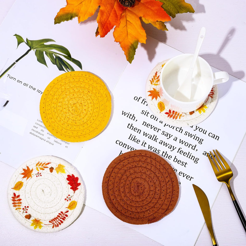Fall Thanksgiving Coasters Maple Leaves Handmade Braided Cotton Drink Coasters Orange Yellow Non-Slip Absorbent Cup