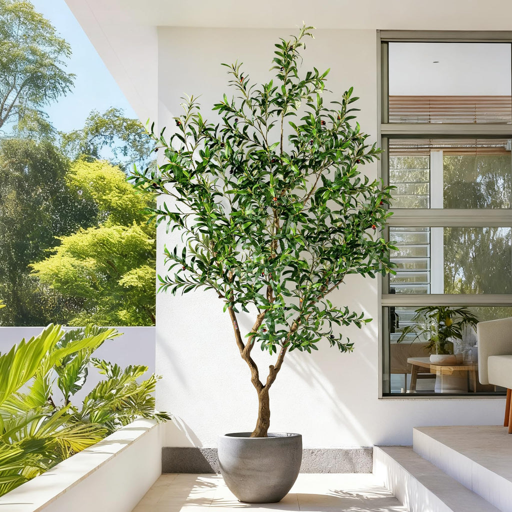 8FT Faux Olive Tree with Tall Exquisite Planter Artificial Olive Tree Tall, Potted Fake Olive Plant with 2070 Real