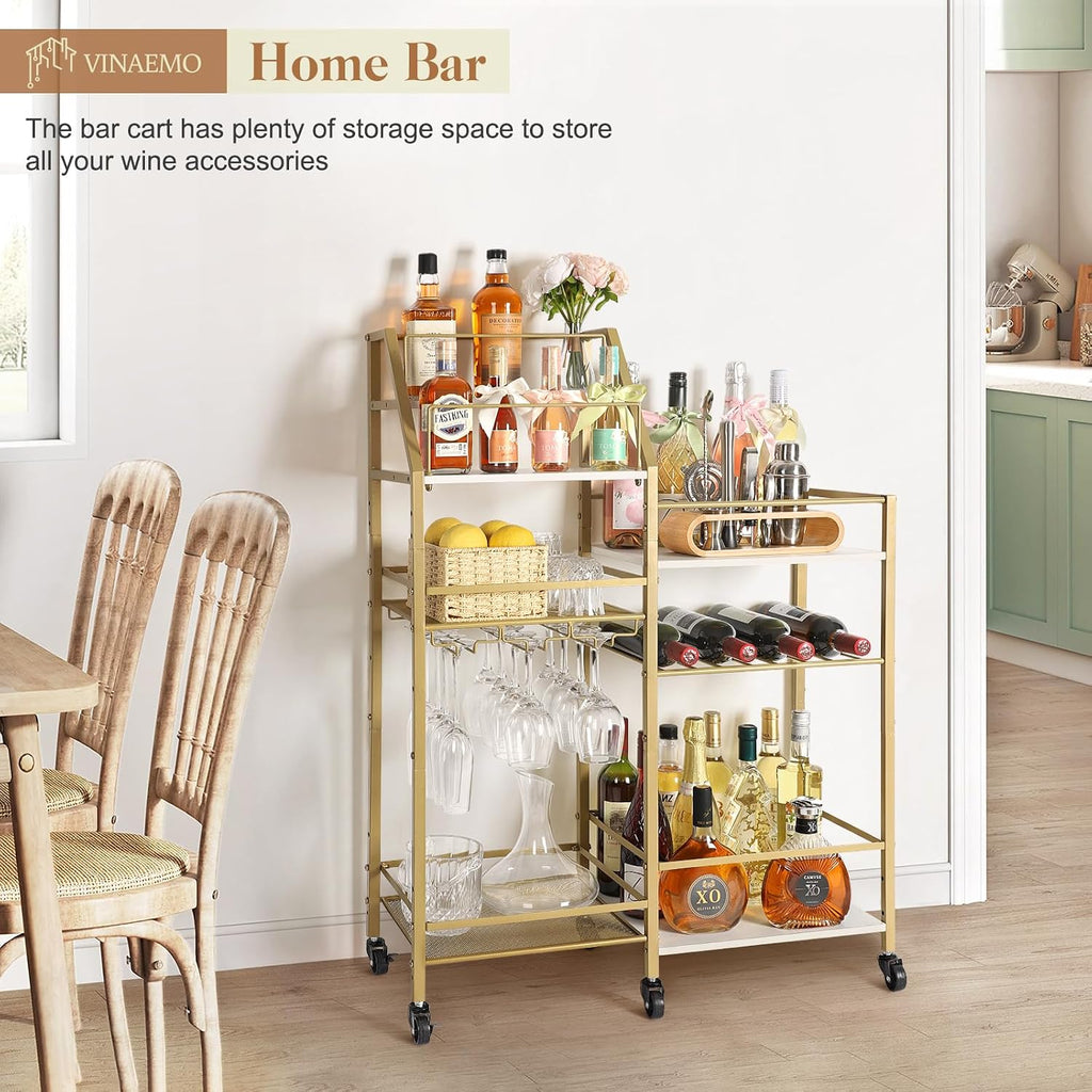 Gold Bar Cart With Wine Glass Holder, Stand , Small Mini Bar for Whiskey Wine, Liquor Cart, Alcohol Cabinet